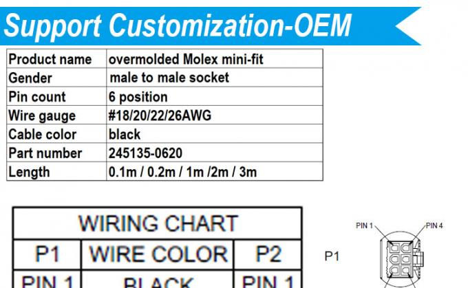 Overmolded Maschio a Maschio 6 Pin 2451350620 Molex Mini-Fit 4.2mm Pitch Connector Assembly Cable 0