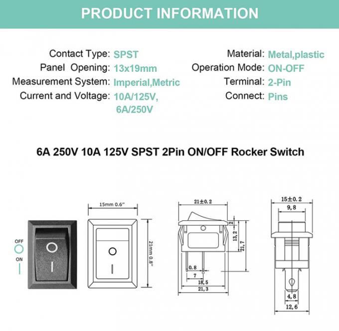 AC 6A/250V 10A/125V Negro 2 Pin Posizione Snap in ON OFF Switch elettrico Rocker barca 0
