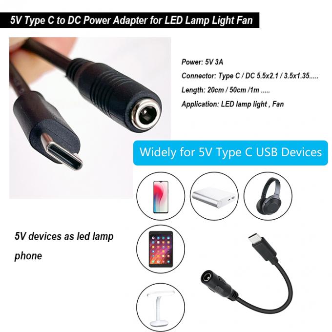 Cable di estensione di carica di potenza da 5V tipo C a CC 3,5x1,35 mm 5,5x2,1 mm per ventole di lampadina da scrivania a LED 0