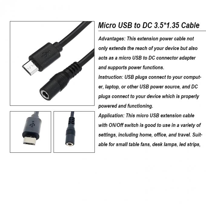 Micro USB Maschio a DC 3.5x1.35mm Femminile Jack Cable di estensione di alimentazione per ventilatori Strip LED 0