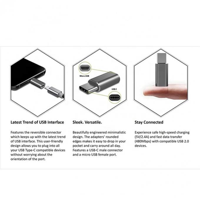 Plug and Play Metal Shell Micro USB Femminile a Tipo C Maschio OTG Converter Adapter 3