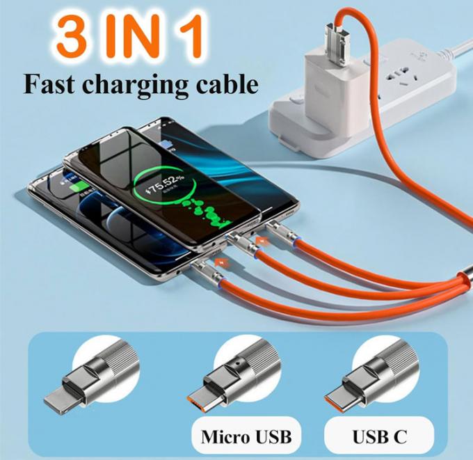 Carica veloce Super 120w 6A Silicone liquido 3 in 1 Multi connettori Micro Tipo C Cable di carica dati USB per telefono cellulare 1