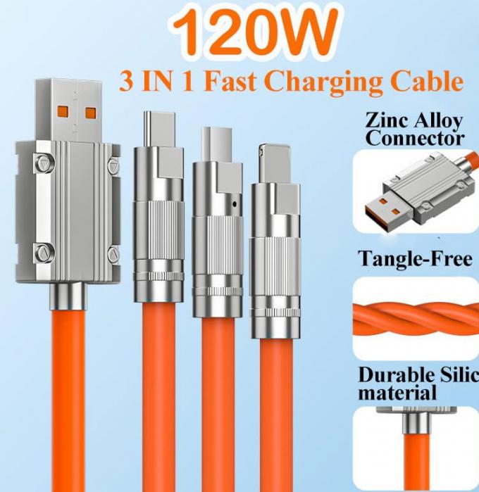 Carica veloce Super 120w 6A Silicone liquido 3 in 1 Multi connettori Micro Tipo C Cable di carica dati USB per telefono cellulare 3