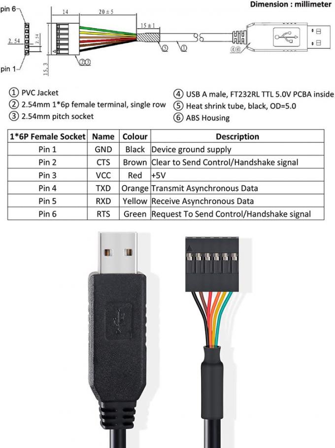 FTDI Chip FT232 USB a TTL 3.3V 5V Uart RTS CTS TXD RXD Cable di conversione seriale per Arduino Raspberry Pi 2