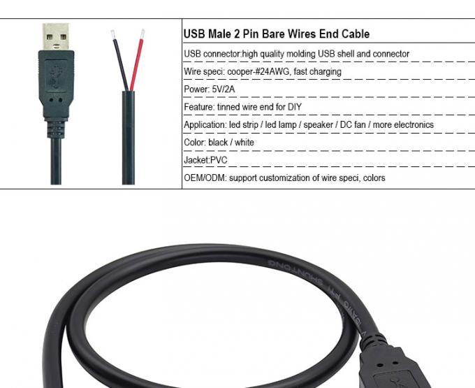 5V USB per aprire fili nudi in scatola a strisce End Pigtail Power Charger Cable per lampada a striscia a LED 3