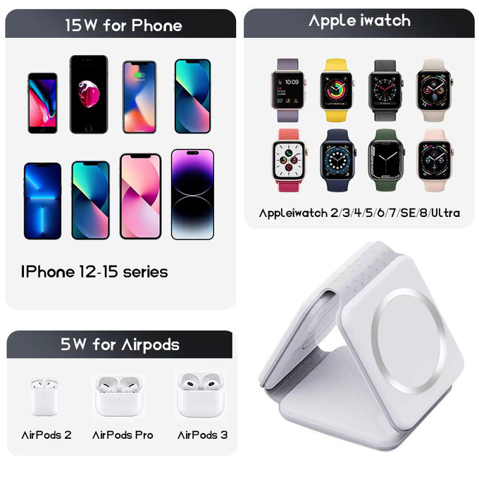 Magnetico 3 in 1 caricabatterie senza fili pieghevole iPhone 12-15 15w Fast Wireless Charging Stand Station Portatile caricabatterie senza fili 7
