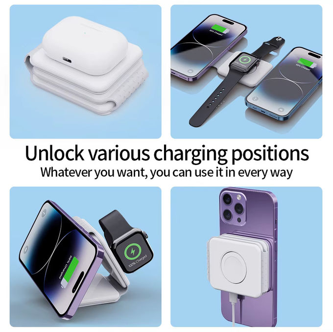 Magnetico 3 in 1 caricabatterie senza fili pieghevole iPhone 12-15 15w Fast Wireless Charging Stand Station Portatile caricabatterie senza fili 4